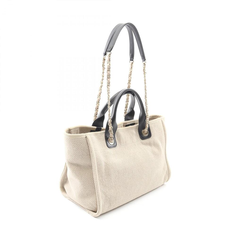 Chanel Deauville Leather Black Bag Tote Beige Canvas Black Tan